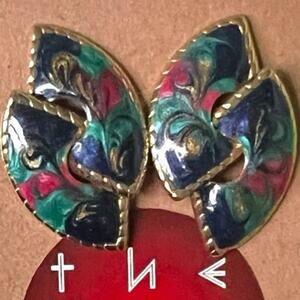 1980s Vintage Colorful Statement Earrings Swirling Shimmering Enamel, Gold